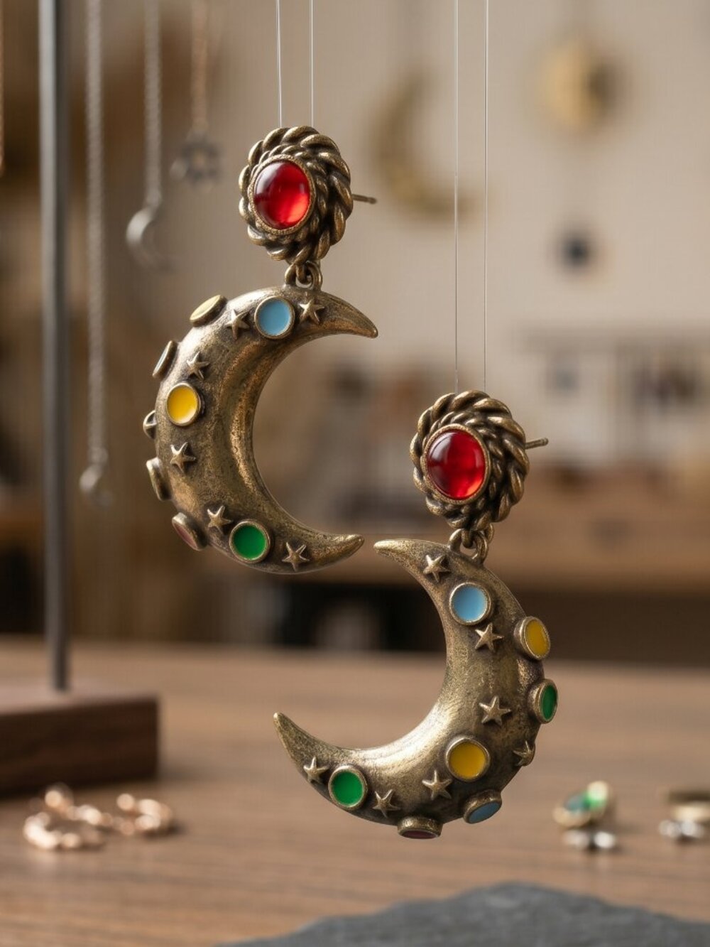 Antique Gold Crescent Moon Drop Earrings Celestial Star Multicolor Whimsigoth